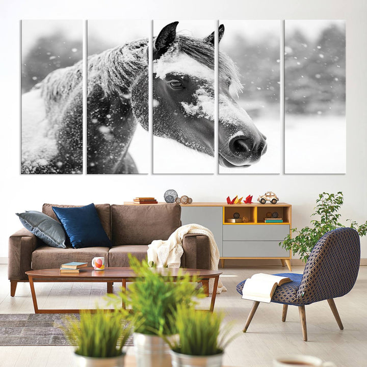 The Black Horse Winter Wall Art, framed and ready to hang, is beautifully displayed as farmhouse and western wall decor.