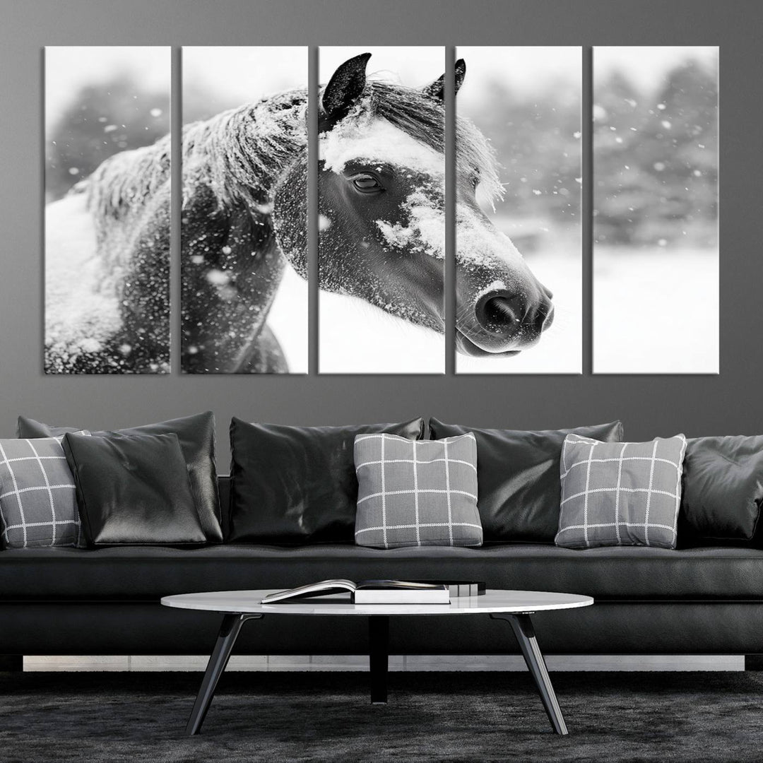 The Black Horse Winter Wall Art, framed and ready to hang, is beautifully displayed as farmhouse and western wall decor.