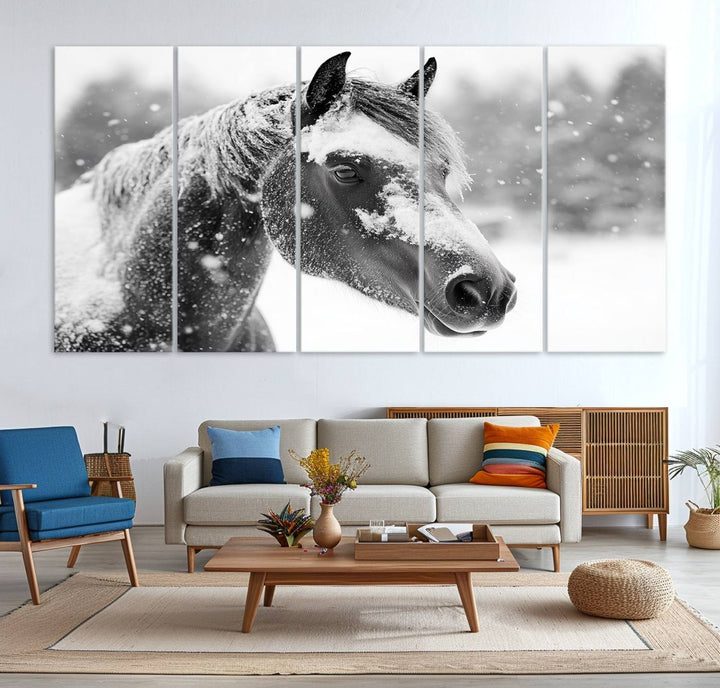 The Black Horse Winter Wall Art, framed and ready to hang, is beautifully displayed as farmhouse and western wall decor.