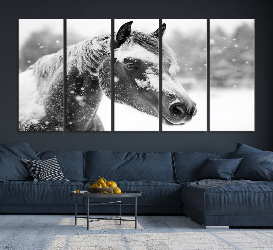 The Black Horse Winter Wall Art, framed and ready to hang, is beautifully displayed as farmhouse and western wall decor.