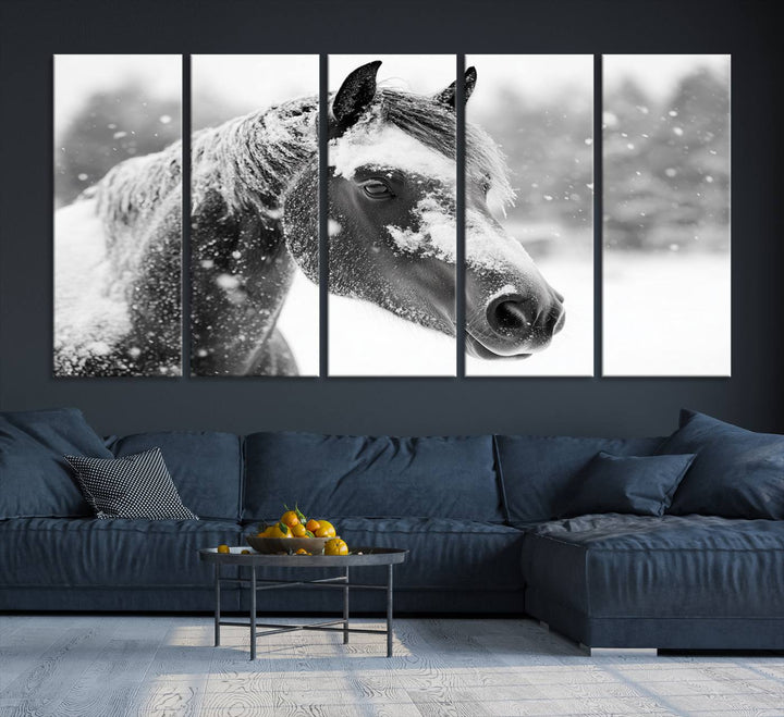 The Black Horse Winter Wall Art, framed and ready to hang, is beautifully displayed as farmhouse and western wall decor.