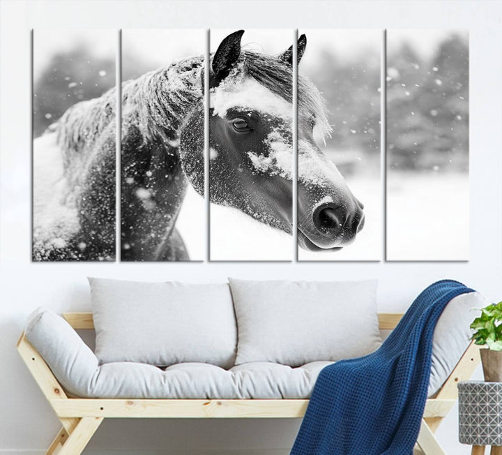 The Black Horse Winter Wall Art, framed and ready to hang, is beautifully displayed as farmhouse and western wall decor.