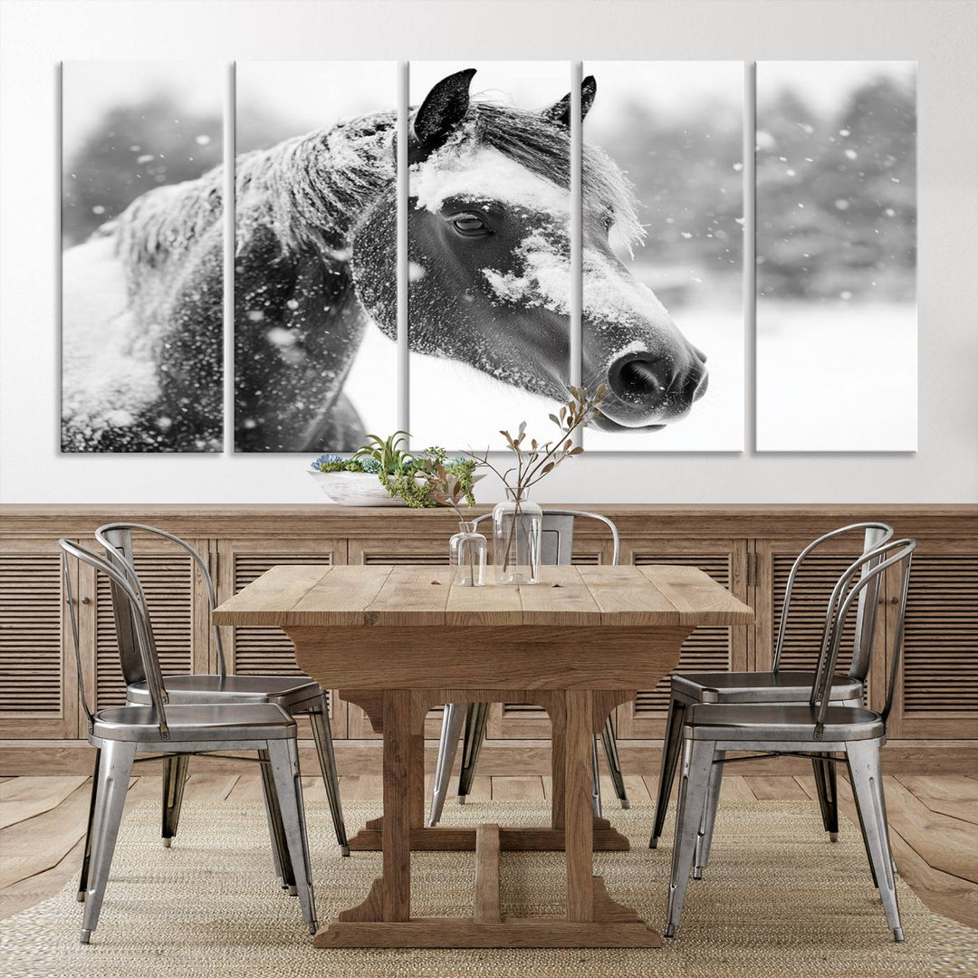 The Black Horse Winter Wall Art, framed and ready to hang, is beautifully displayed as farmhouse and western wall decor.