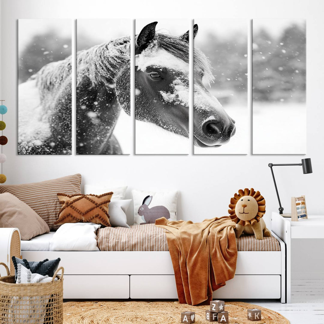 The Black Horse Winter Wall Art, framed and ready to hang, is beautifully displayed as farmhouse and western wall decor.