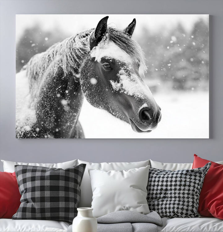 The Black Horse Winter Wall Art, framed and ready to hang, is beautifully displayed as farmhouse and western wall decor.