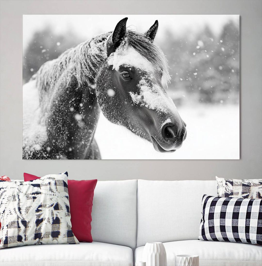 The Black Horse Winter Wall Art, framed and ready to hang, is beautifully displayed as farmhouse and western wall decor.