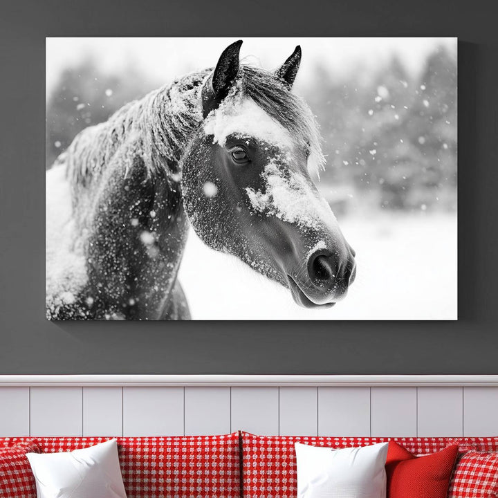 The Black Horse Winter Wall Art, framed and ready to hang, is beautifully displayed as farmhouse and western wall decor.