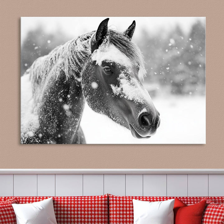 The Black Horse Winter Wall Art, framed and ready to hang, is beautifully displayed as farmhouse and western wall decor.