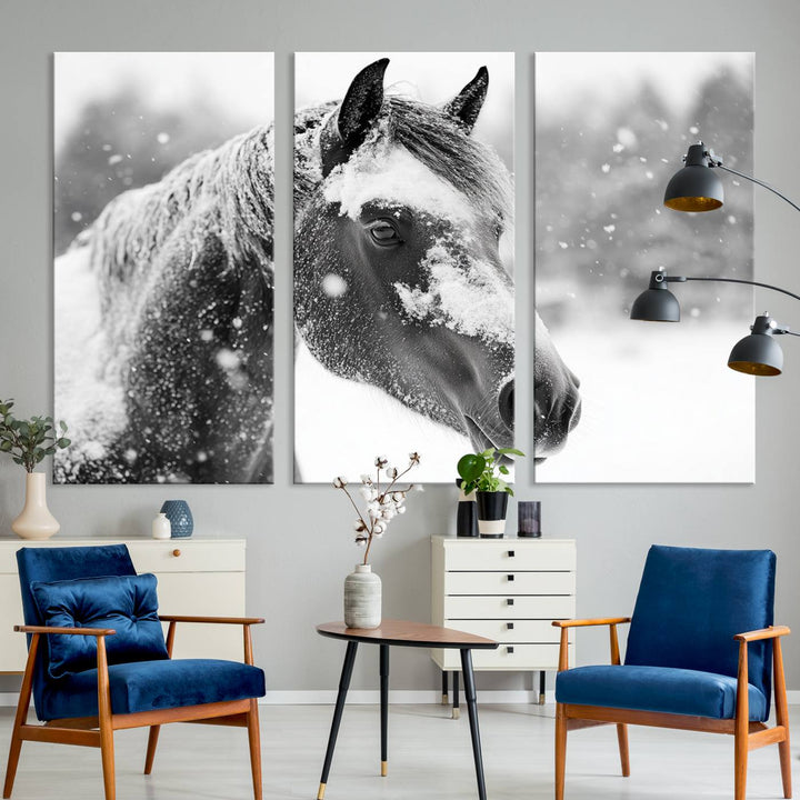 The Black Horse Winter Wall Art, framed and ready to hang, is beautifully displayed as farmhouse and western wall decor.