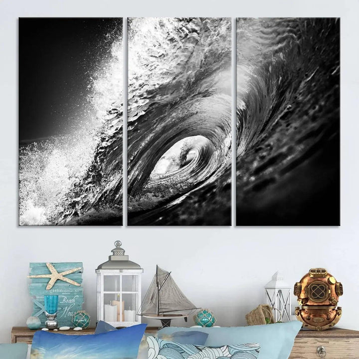 A three-panel display of the "Black Ocean Wave at Sunset Canvas Art" features a vibrant depiction of water waves in black and white, perfectly capturing the coastal ambiance.