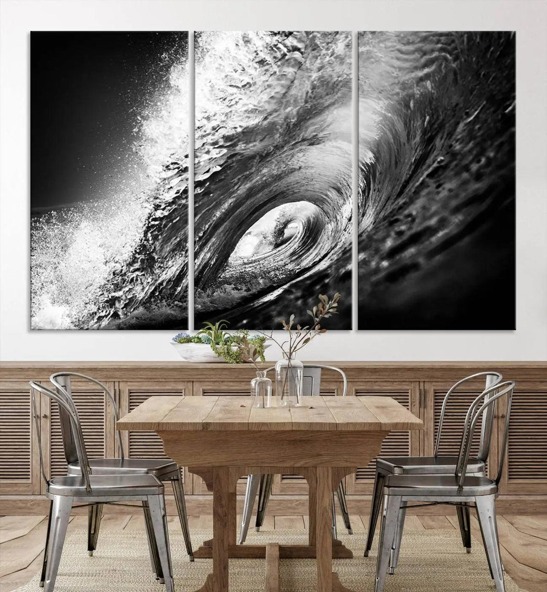 A three-panel display of the "Black Ocean Wave at Sunset Canvas Art" features a vibrant depiction of water waves in black and white, perfectly capturing the coastal ambiance.