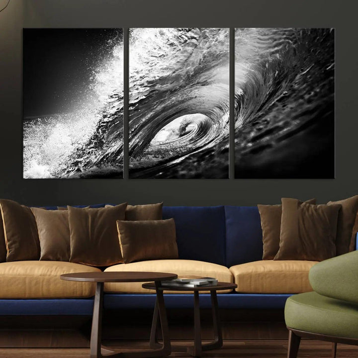 A three-panel display of the "Black Ocean Wave at Sunset Canvas Art" features a vibrant depiction of water waves in black and white, perfectly capturing the coastal ambiance.