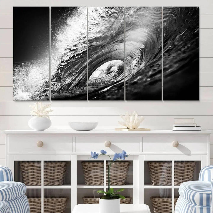 A three-panel display of the "Black Ocean Wave at Sunset Canvas Art" features a vibrant depiction of water waves in black and white, perfectly capturing the coastal ambiance.