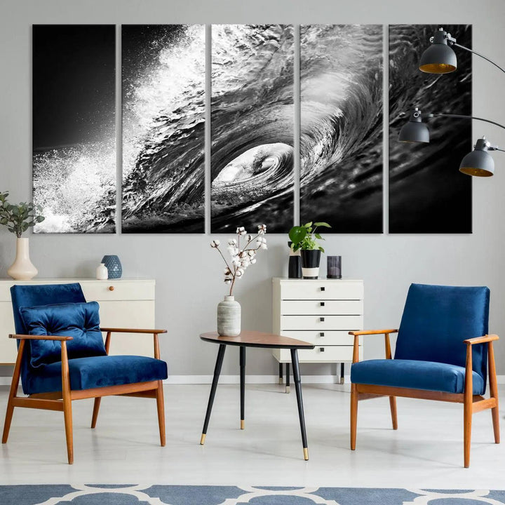 A three-panel display of the "Black Ocean Wave at Sunset Canvas Art" features a vibrant depiction of water waves in black and white, perfectly capturing the coastal ambiance.