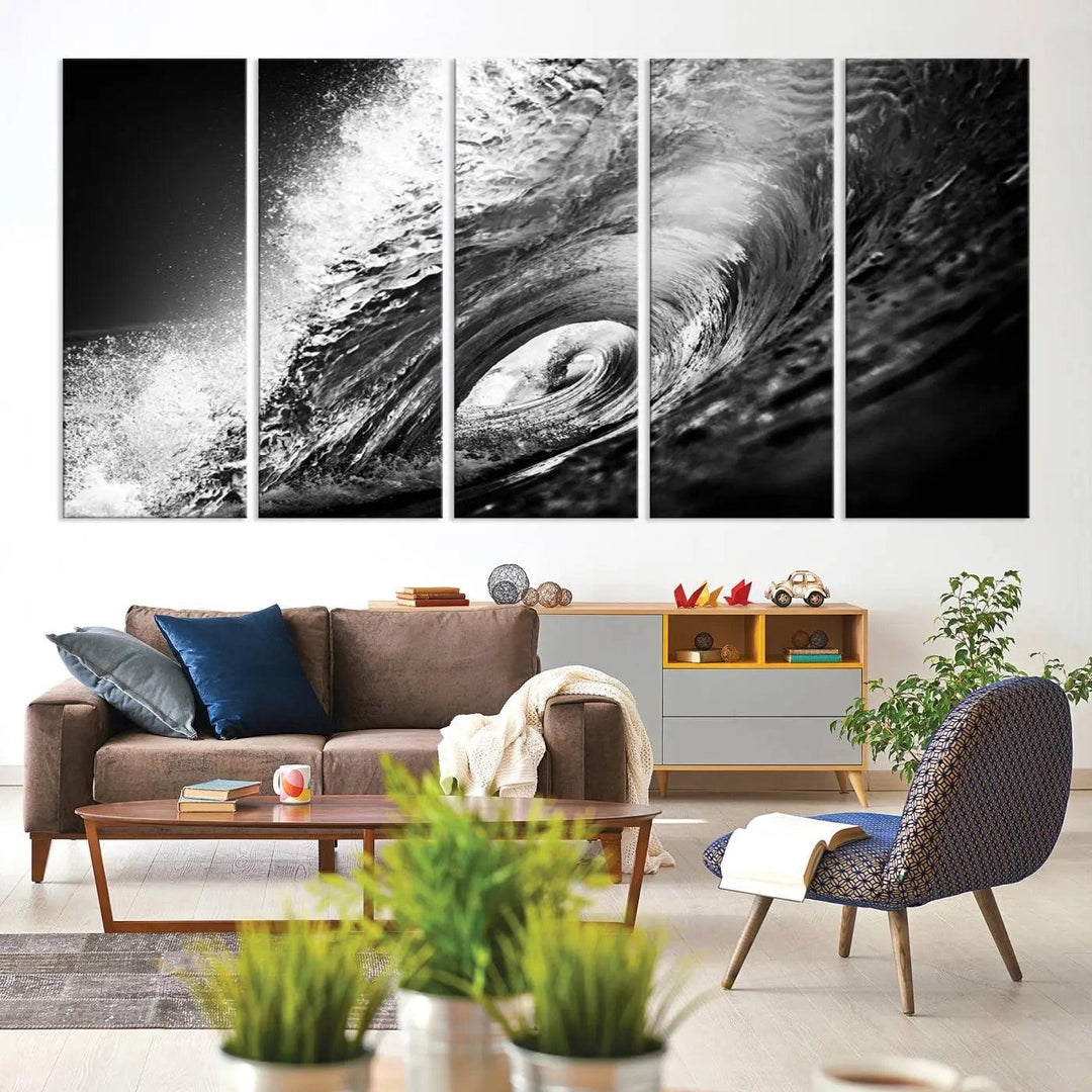 A three-panel display of the "Black Ocean Wave at Sunset Canvas Art" features a vibrant depiction of water waves in black and white, perfectly capturing the coastal ambiance.