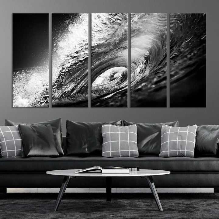 A three-panel display of the "Black Ocean Wave at Sunset Canvas Art" features a vibrant depiction of water waves in black and white, perfectly capturing the coastal ambiance.