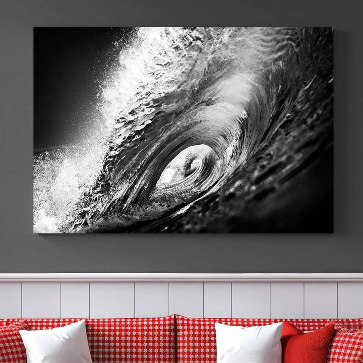 A three-panel display of the "Black Ocean Wave at Sunset Canvas Art" features a vibrant depiction of water waves in black and white, perfectly capturing the coastal ambiance.