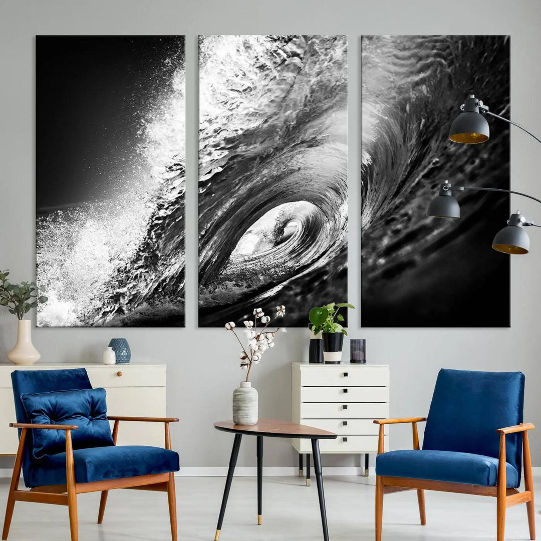 A three-panel display of the "Black Ocean Wave at Sunset Canvas Art" features a vibrant depiction of water waves in black and white, perfectly capturing the coastal ambiance.