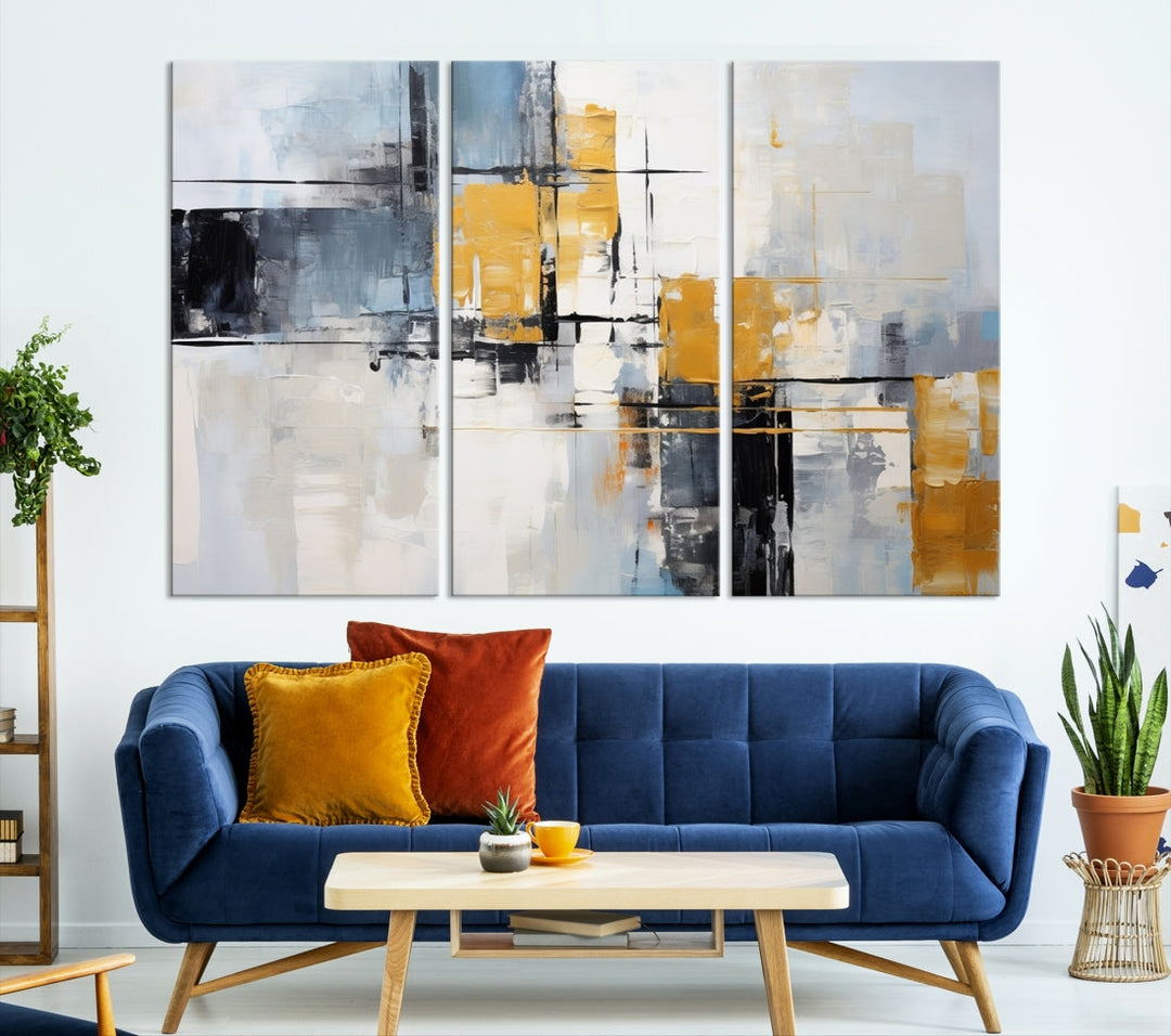 Modern living room featuring a Black Orange Abstract Wall Art Print Contemporary Canvas Print.