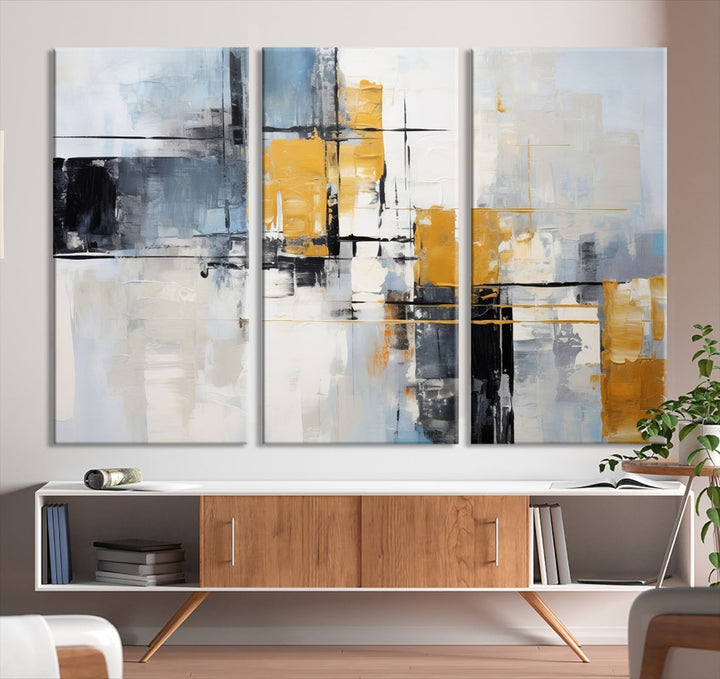 Modern living room featuring a Black Orange Abstract Wall Art Print Contemporary Canvas Print.