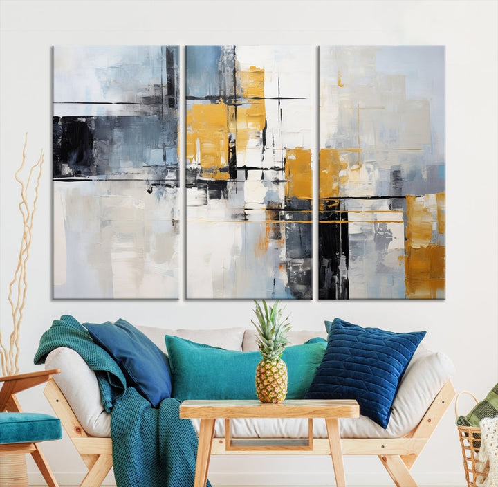 Modern living room featuring a Black Orange Abstract Wall Art Print Contemporary Canvas Print.