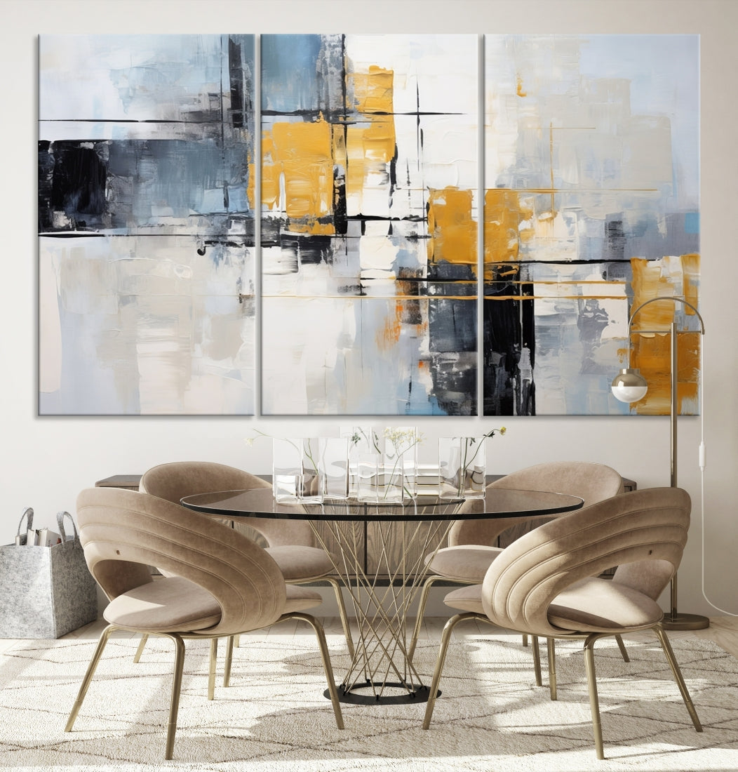 Modern living room featuring a Black Orange Abstract Wall Art Print Contemporary Canvas Print.