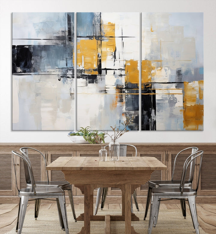 Modern living room featuring a Black Orange Abstract Wall Art Print Contemporary Canvas Print.