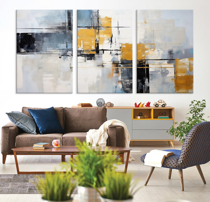 Modern living room featuring a Black Orange Abstract Wall Art Print Contemporary Canvas Print.