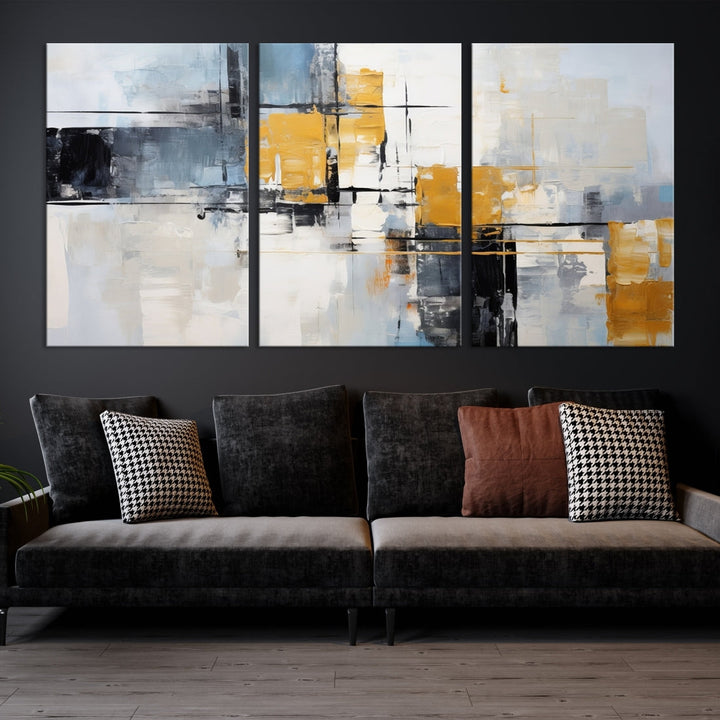 Modern living room featuring a Black Orange Abstract Wall Art Print Contemporary Canvas Print.