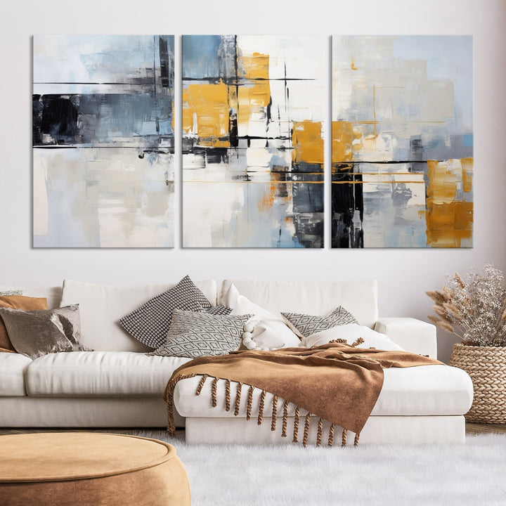 Modern living room featuring a Black Orange Abstract Wall Art Print Contemporary Canvas Print.