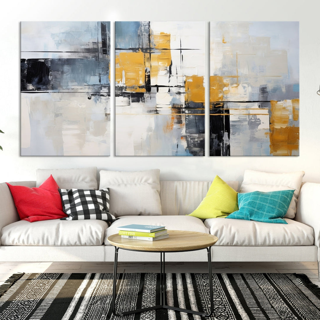 Modern living room featuring a Black Orange Abstract Wall Art Print Contemporary Canvas Print.