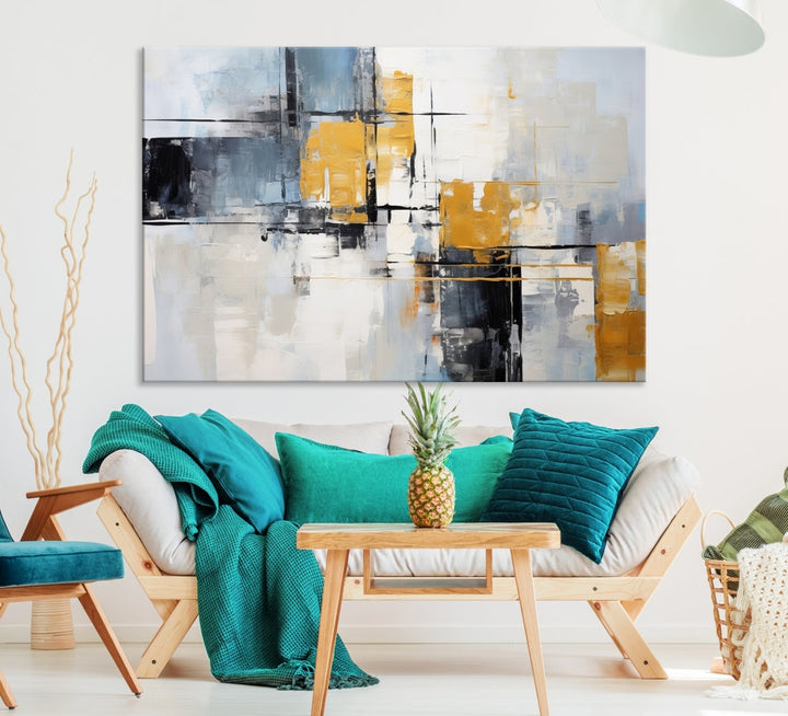 Modern living room featuring a Black Orange Abstract Wall Art Print Contemporary Canvas Print.