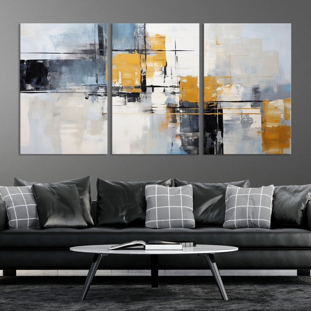 Modern living room featuring a Black Orange Abstract Wall Art Print Contemporary Canvas Print.