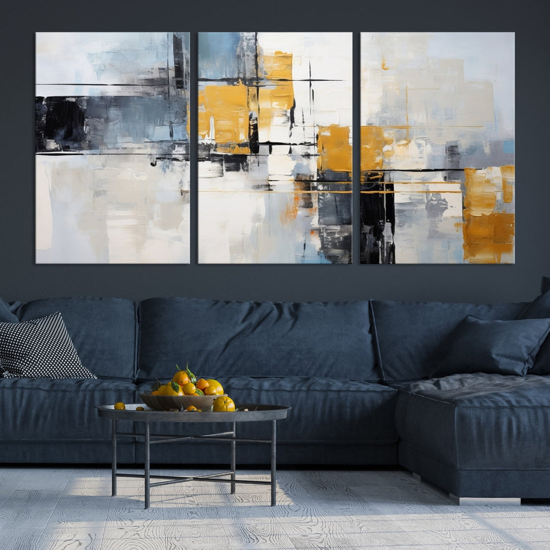 Modern living room featuring a Black Orange Abstract Wall Art Print Contemporary Canvas Print.