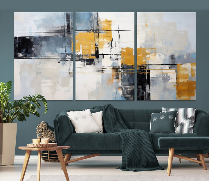 Modern living room featuring a Black Orange Abstract Wall Art Print Contemporary Canvas Print.