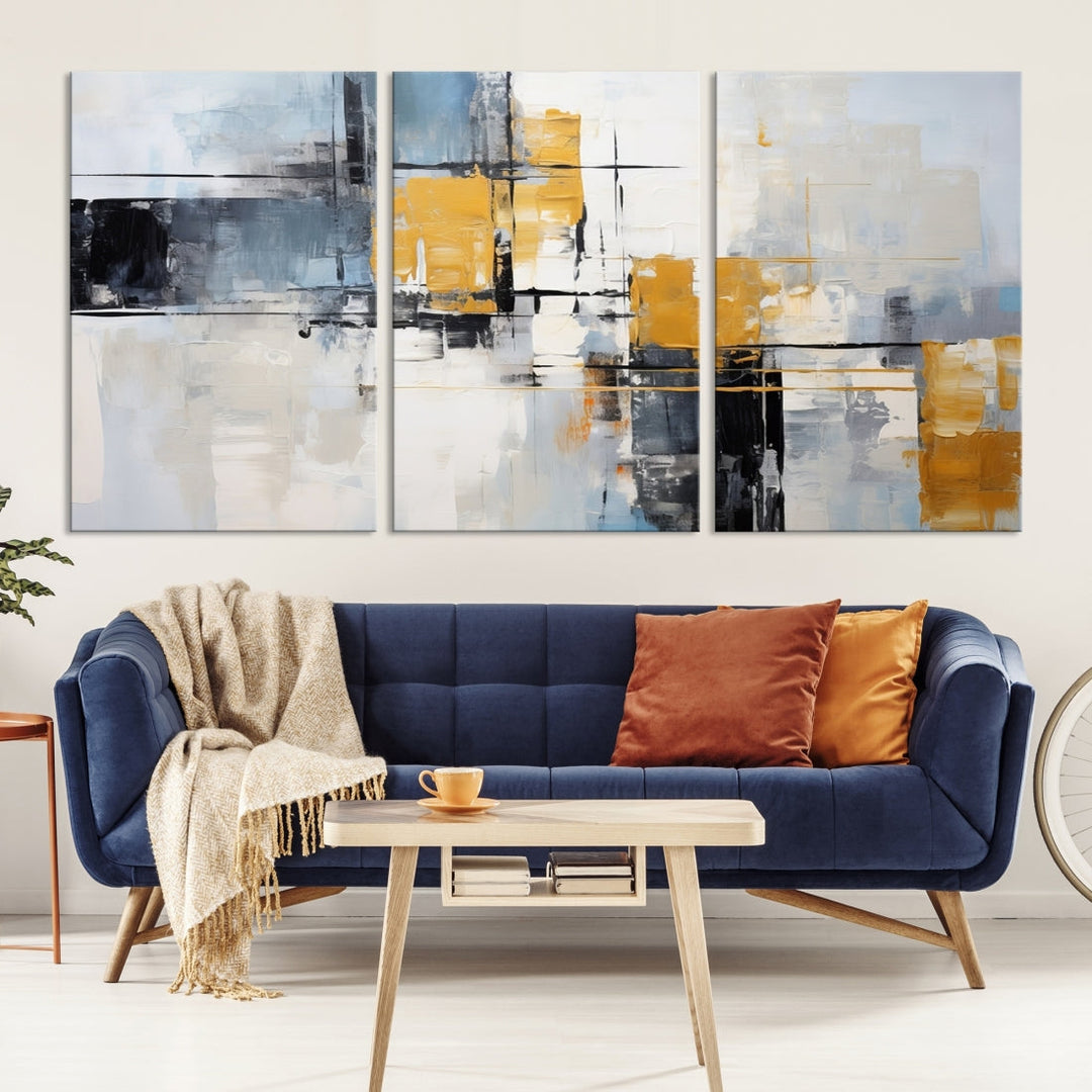 Modern living room featuring a Black Orange Abstract Wall Art Print Contemporary Canvas Print.