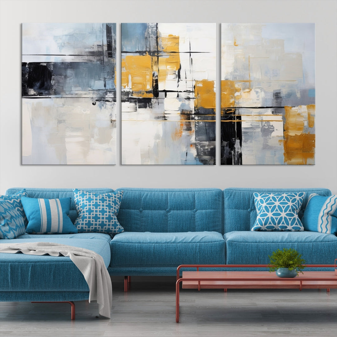 Modern living room featuring a Black Orange Abstract Wall Art Print Contemporary Canvas Print.