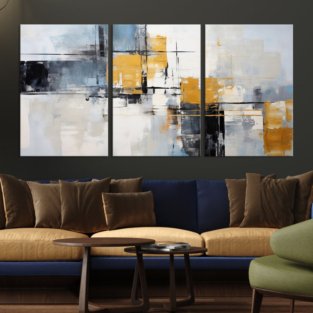 Modern living room featuring a Black Orange Abstract Wall Art Print Contemporary Canvas Print.