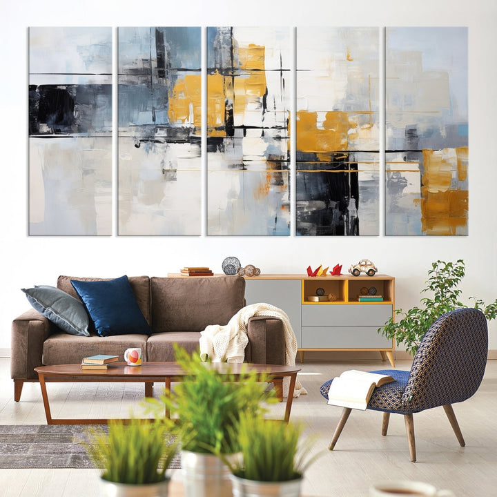 Modern living room featuring a Black Orange Abstract Wall Art Print Contemporary Canvas Print.