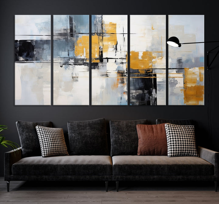 Modern living room featuring a Black Orange Abstract Wall Art Print Contemporary Canvas Print.