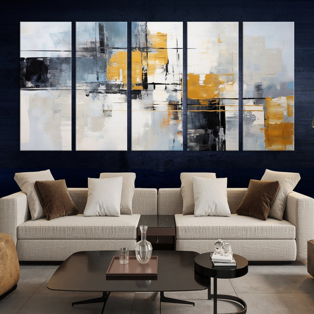 Modern living room featuring a Black Orange Abstract Wall Art Print Contemporary Canvas Print.