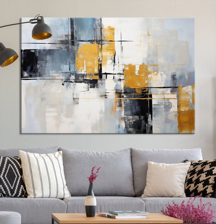 Modern living room featuring a Black Orange Abstract Wall Art Print Contemporary Canvas Print.