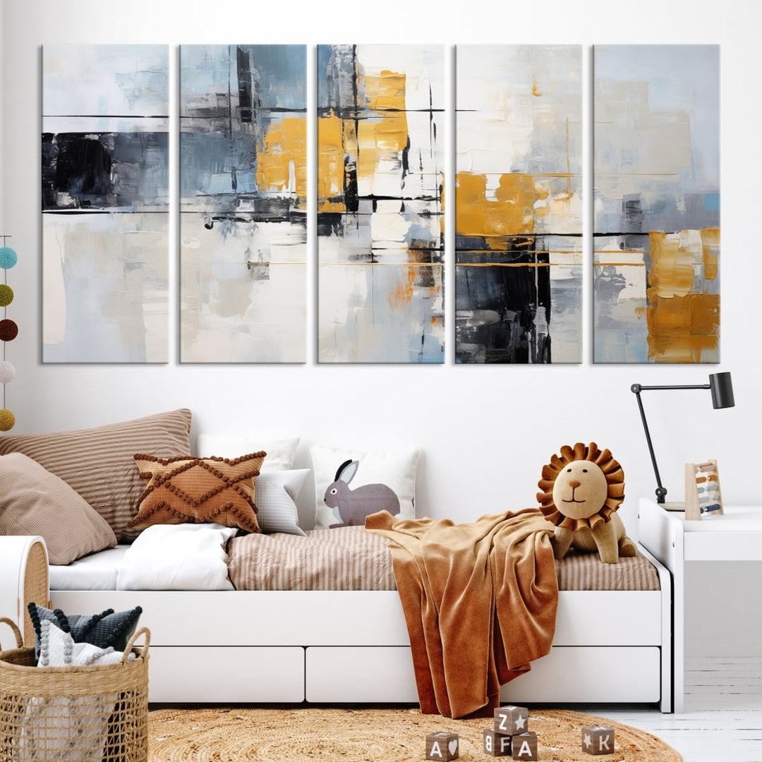 Modern living room featuring a Black Orange Abstract Wall Art Print Contemporary Canvas Print.