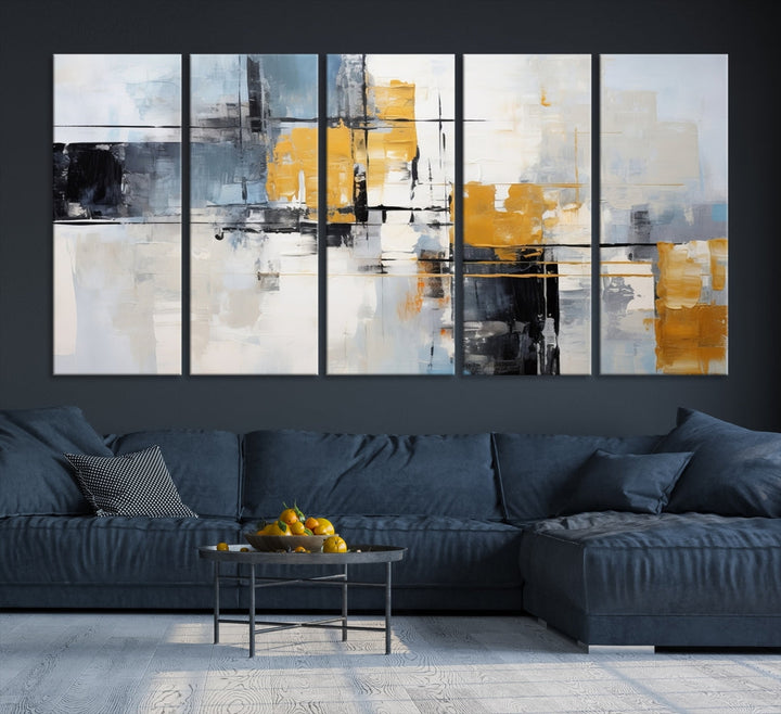 Modern living room featuring a Black Orange Abstract Wall Art Print Contemporary Canvas Print.