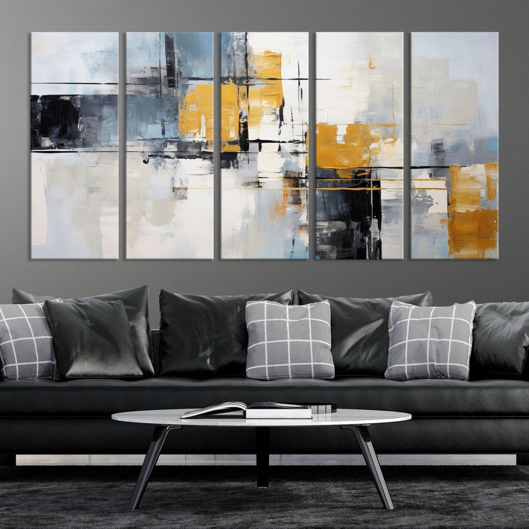 Modern living room featuring a Black Orange Abstract Wall Art Print Contemporary Canvas Print.