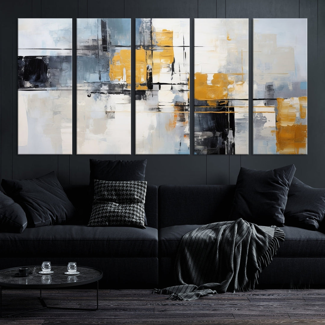 Modern living room featuring a Black Orange Abstract Wall Art Print Contemporary Canvas Print.