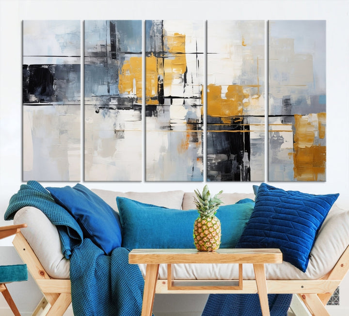 Modern living room featuring a Black Orange Abstract Wall Art Print Contemporary Canvas Print.