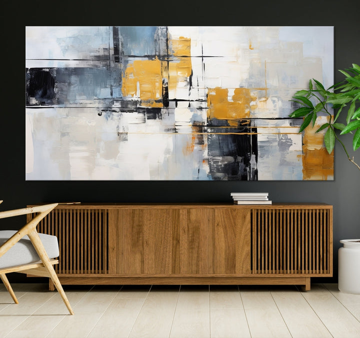 Modern living room featuring a Black Orange Abstract Wall Art Print Contemporary Canvas Print.