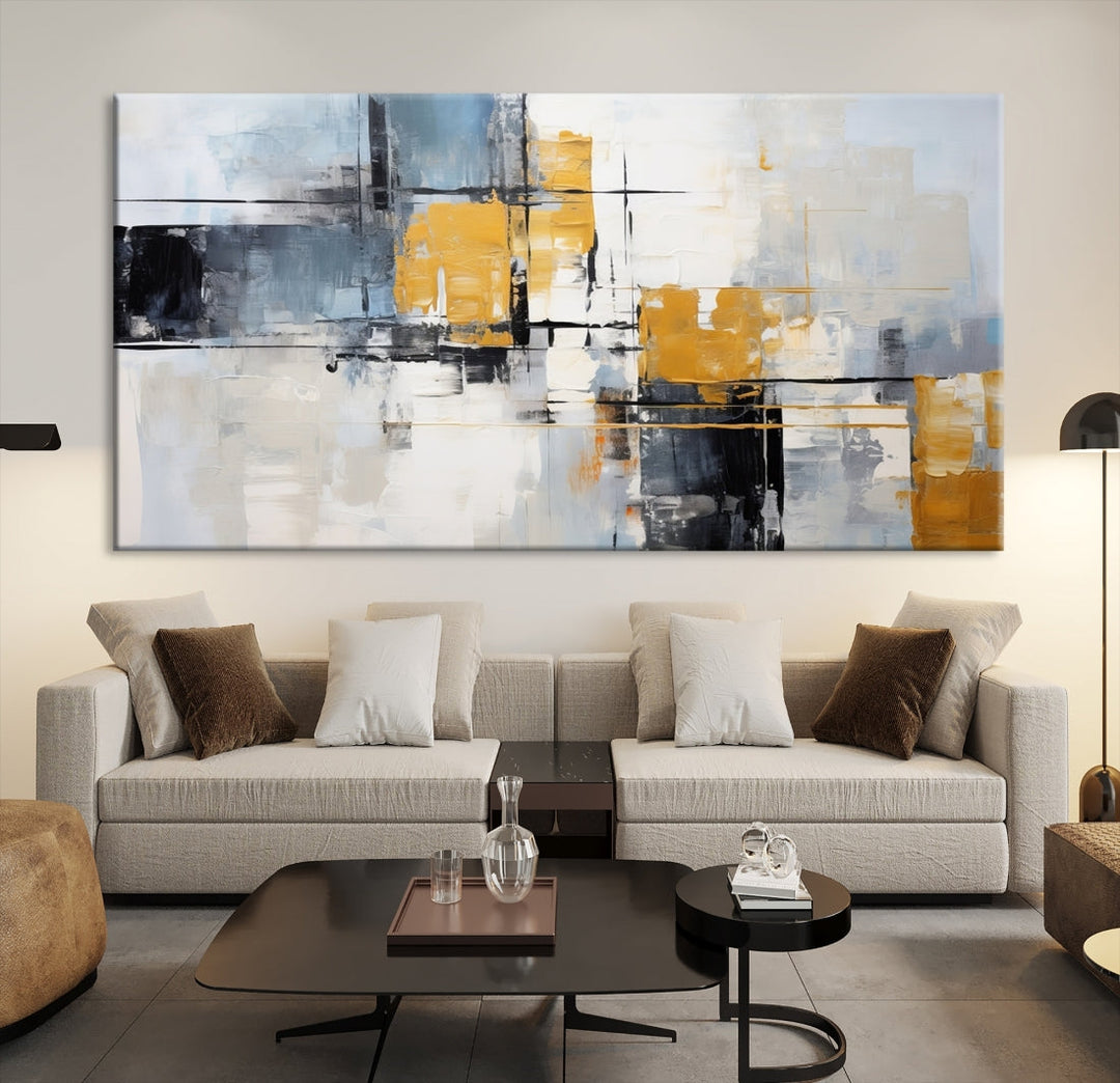 Modern living room featuring a Black Orange Abstract Wall Art Print Contemporary Canvas Print.