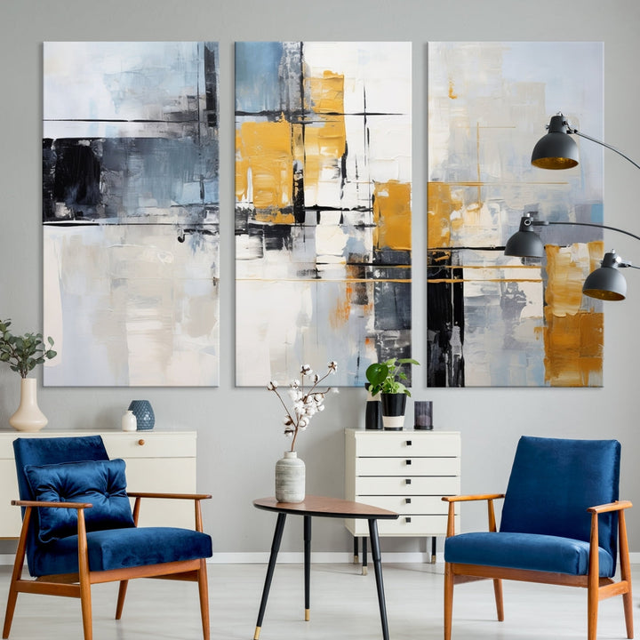 Modern living room featuring a Black Orange Abstract Wall Art Print Contemporary Canvas Print.